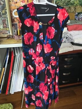 Ivana Trump Black Midi Dress with Pink & Blue Floral Print